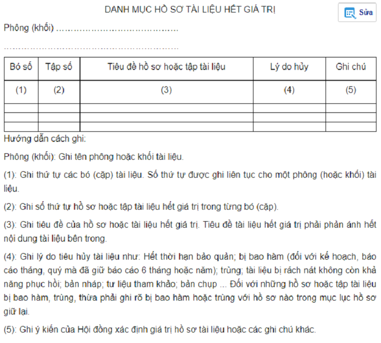 Biên bản hủy tài liệu hết hạn lưu trữ